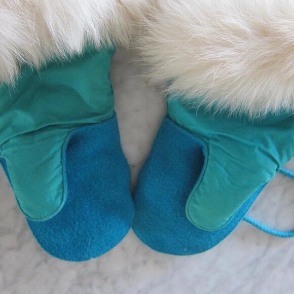 TURQUOISE BLUE WHITE FOX FUR WOOL Handmade Patchwork Trapper Eskimo Long Mitts - Picture 7 of 9